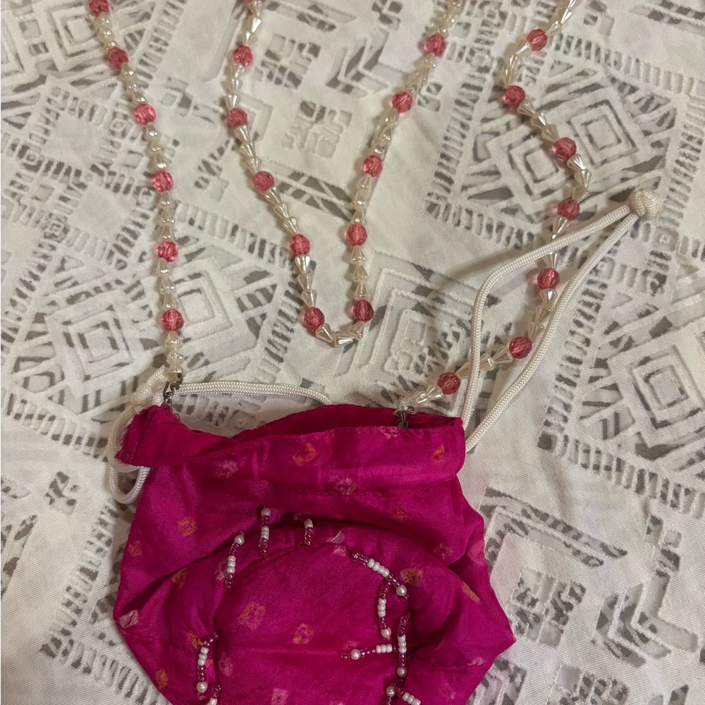 Pink Beaded Drawstring Pouch - Picture 2 of 3